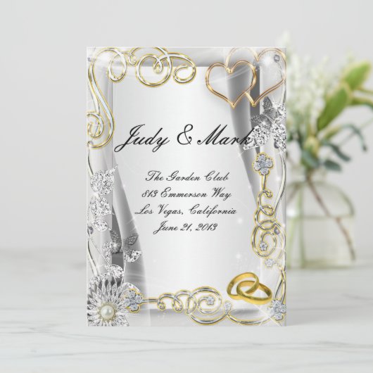 Gouden trouwringen en harten bruiloft menu Kaart (Staand voorkant)