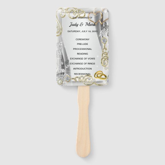 Gouden trouwringen en harten bruiloft programma handwaaier (Voorkant)
