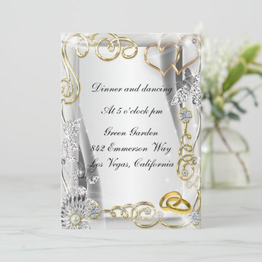 Gouden trouwringen en harten receptie Kaart (Staand voorkant)