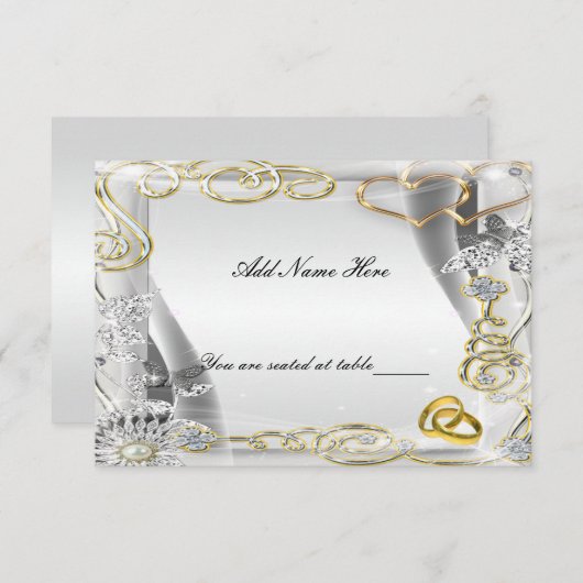 Gouden trouwringen en harten tafelkaart kaart (Voorkant / Achterkant)