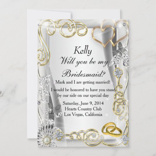Gouden Trouwringen En Hartjes Bruidsmeisje Kaart (Voorkant)