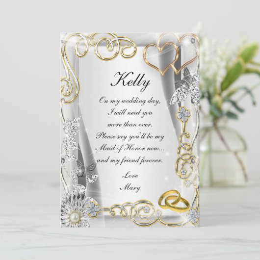 Gouden Trouwringen En Hartjes Kaart Voor Getuige V (Staand voorkant)