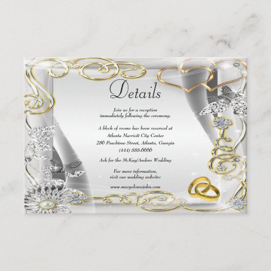 Gouden trouwringen harten bruiloft details informatiekaartje (Voorkant)