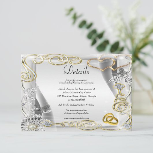 Gouden trouwringen harten bruiloft details informatiekaartje (Staand voorkant)