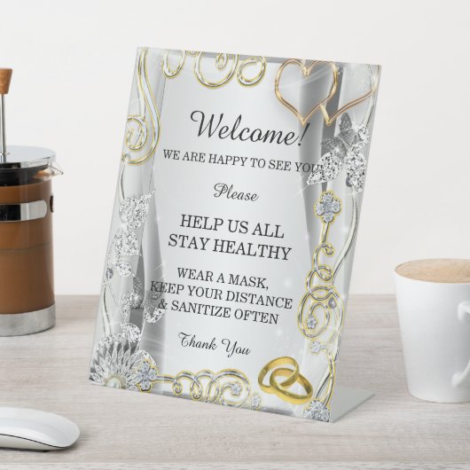 Gouden trouwringen harten bruiloft veiligheid reclamebord met voetstuk (Insitu)