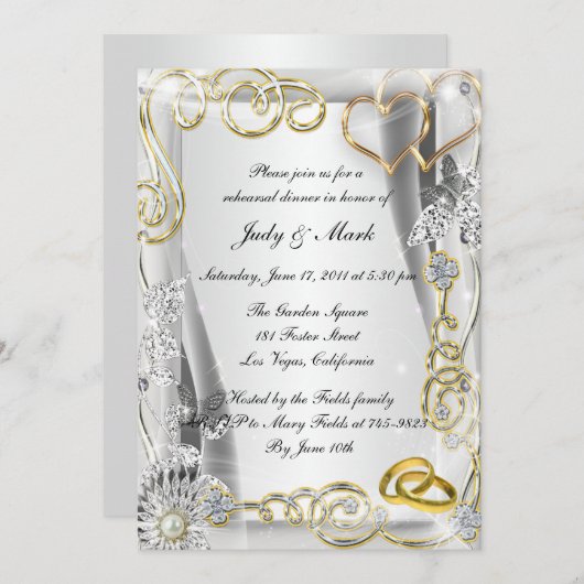 Gouden trouwringen harten repetitie diner uitnodig kaart (Voorkant / Achterkant)
