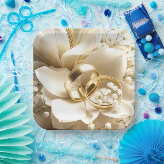 Gouden trouwringen op een Magnolia bloem Papieren Bordje (Feest)