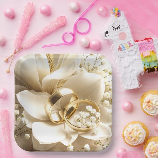 Gouden trouwringen op een Magnolia bloem Papieren Bordje (Feest)