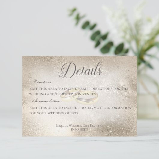 Gouden trouwringen op gouden bruiloft details informatiekaartje (Staand voorkant)