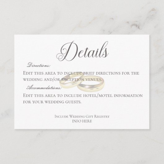 Gouden trouwringen op witte bruiloft Details Informatiekaartje (Voorkant)