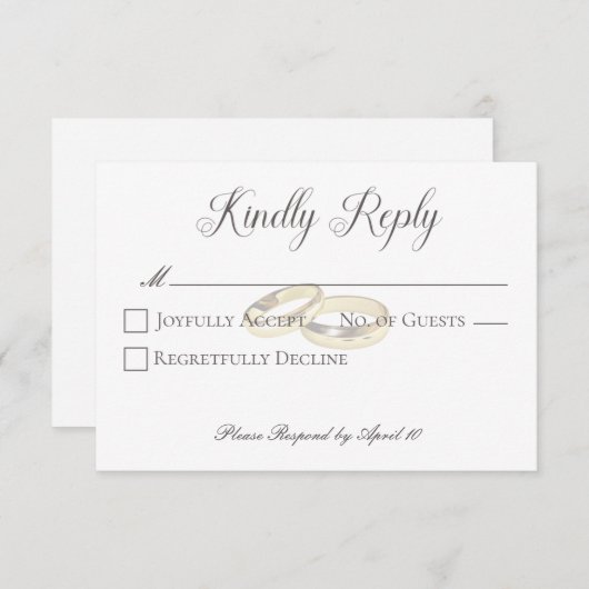 Gouden trouwringen op witte bruiloft RSVP kaartje (Voorkant / Achterkant)