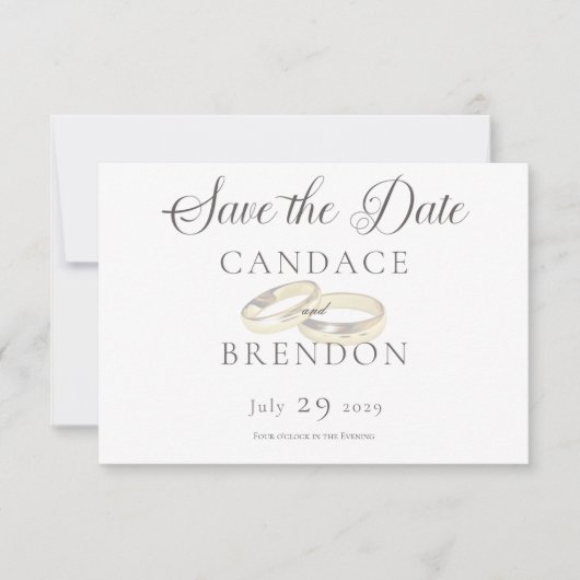 Gouden trouwringen op witte bruiloft save the date (Voorkant)