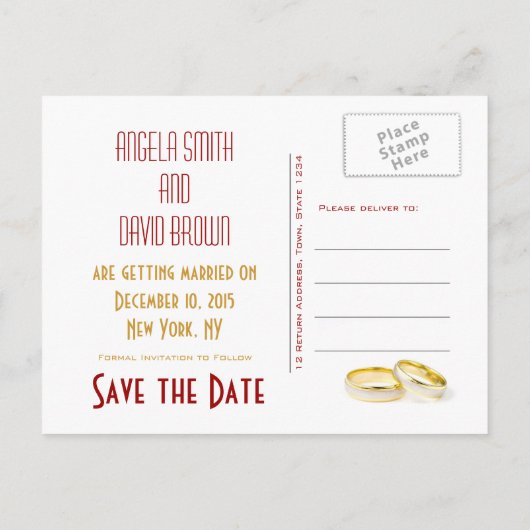 Gouden Trouwringen Rood Save the Date Briefkaarten (Achterkant)