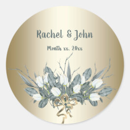 Gouden trouwstickers met witte tulpen ronde sticker