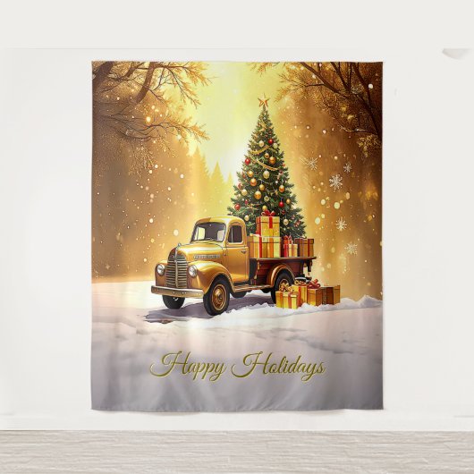 Gouden Truck Kerstboom Vakantie Achtergrond Wandkleed (Voorkant)