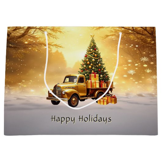 Gouden Truck Kerstboom Vakantie Gift Bag Groot Cadeauzakje (Voorkant)