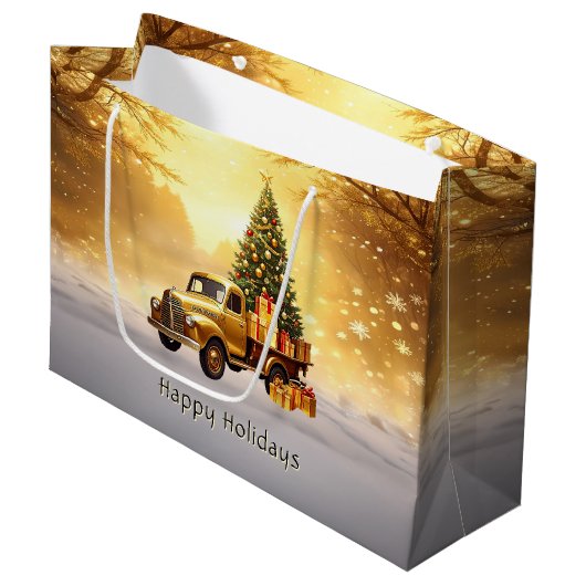 Gouden Truck Kerstboom Vakantie Gift Bag Groot Cadeauzakje (Voorkant Gekanteld)