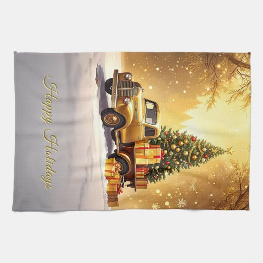 Gouden Truck Kerstboom Vakantie Keuken Handdoek (Horizontaal)