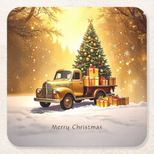 Gouden Truck Kerstboom Vakantie Papieren Onderzett Kartonnen Onderzetters