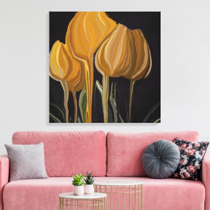 Gouden Tulp Trio op Zwart Canvas Afdruk