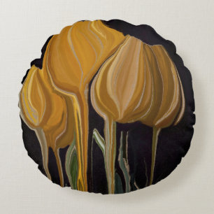 Gouden Tulp Trio op Zwart Rond Kussen