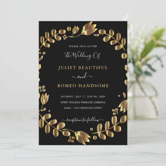 Gouden Tulp Zwart Bruiloft Uitnodiging Kaart (Staand voorkant)