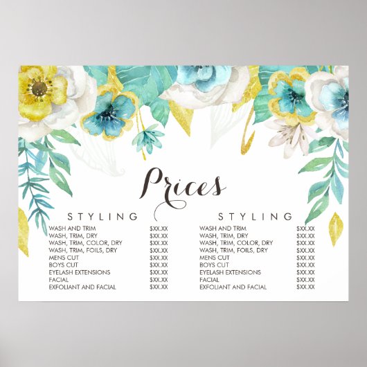 Gouden Turkoois Bloemig Kapster Menu Prijs Poster (Voorkant)