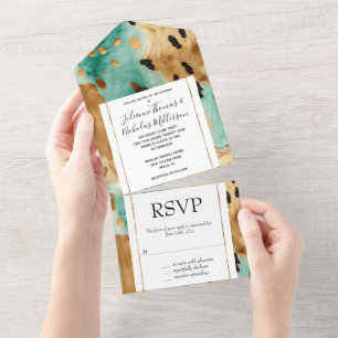 Gouden Turquoise Black Animal Wedding All In One Uitnodiging