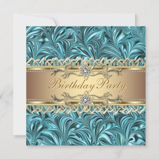 Gouden Turquoise Blauwe Verjaardagsfeest Uitnodigi Kaart (Voorkant)