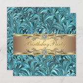 Gouden Turquoise Blauwe Verjaardagsfeest Uitnodigi Kaart (Voorkant / Achterkant)