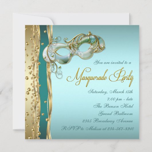 Gouden Turquoise Blauwgroen Blauwe Masquerade Part Kaart (Achterkant)