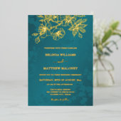 Gouden Turquoise Bloemige Bruiloft Folie Uitnodiging (Staand Voorkant)