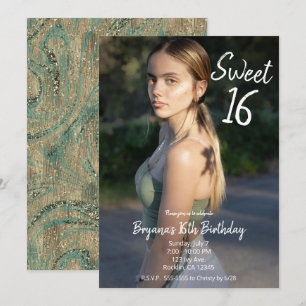 Gouden Turquoise Draai Modern Foto Sweet 16 Feestj Kaart
