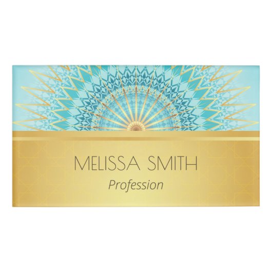 Gouden Turquoise Geometrische Mandala Naambadge (Voorkant)