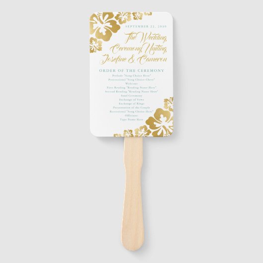 Gouden Turquoise Hibiscus Tropisch huwelijksprogra Handwaaier (Voorkant)