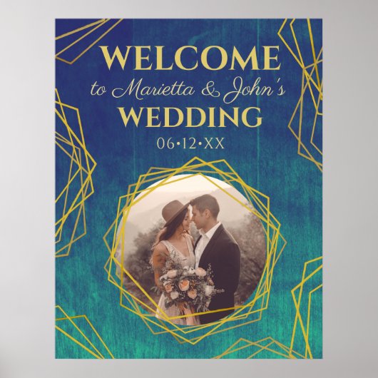 Gouden Turquoise Rustieke Kristallen Trouw Welkom  Poster (Voorkant)