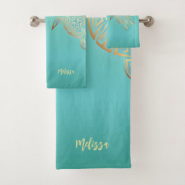 Gouden Turquoise Schildpadden Monogram Bad Handdoek