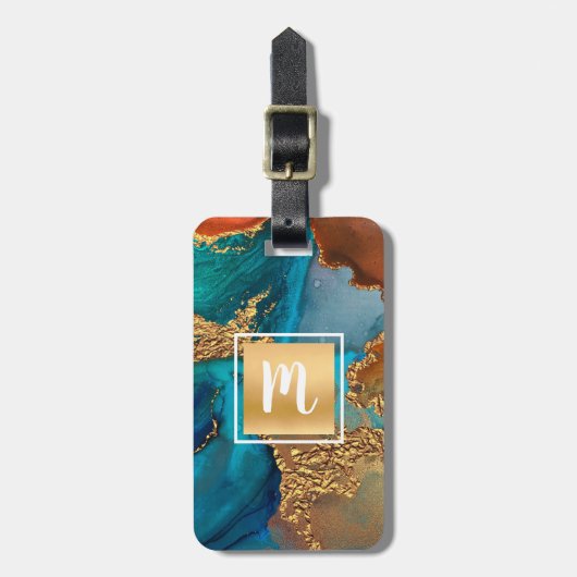 Gouden turquoise sinaasappel marmer waterverf mono bagagelabel (Voorkant verticaal)