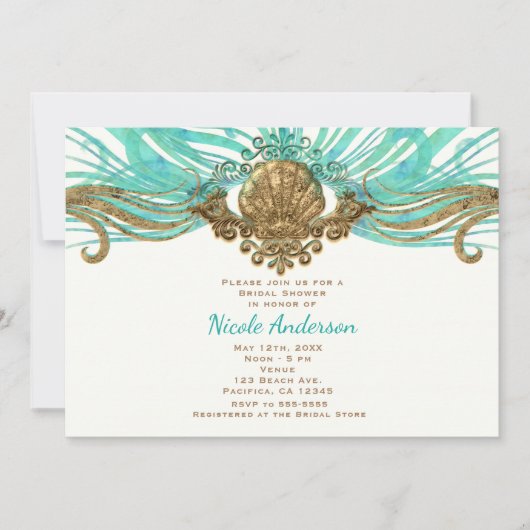 Gouden & Turquoise Zee Schelp Glam Beach Feest Uit Kaart (Voorkant)