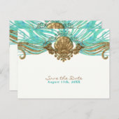 Gouden & Turquoise Zee Schelp Glam Strand Save the Aankondigingskaart (Voorkant / Achterkant)