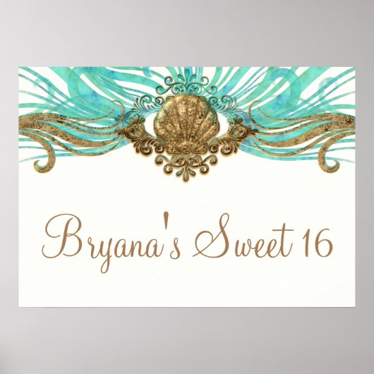 Gouden & Turquoise Zee Schelp Glamour Strand Banne Poster (Voorkant)