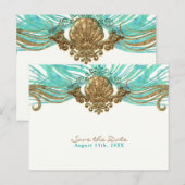 Gouden & Turquoise Zee Schelp Glamour Strand Save  Aankondigingskaart (Voorkant / Achterkant)