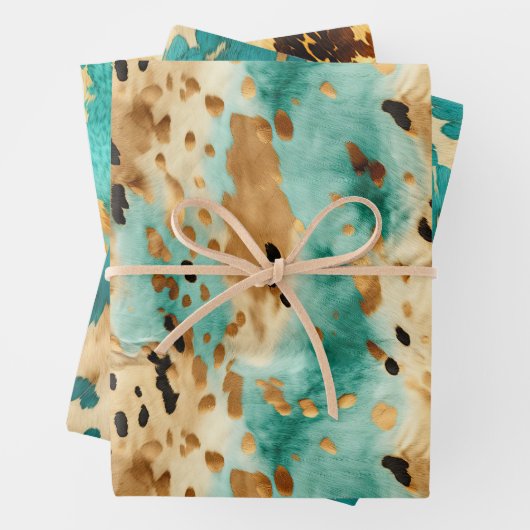 Gouden turquoise zwarte dierenprint inpakpapier vel (In situ)