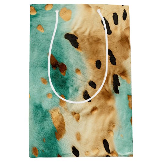 Gouden turquoise zwarte dierenprint medium cadeauzakje (Voorkant)