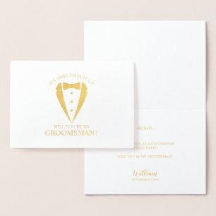 Gouden Tuxedo Suit Gepersonaliseerde Groomsman Voo Folie Kaarten