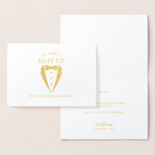 Gouden Tuxedo Suit Gepersonaliseerde Groomsman Voo Folie Kaarten