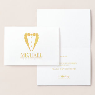 Gouden Tuxedo Suit Gepersonaliseerde Groomsman Voo Folie Kaarten