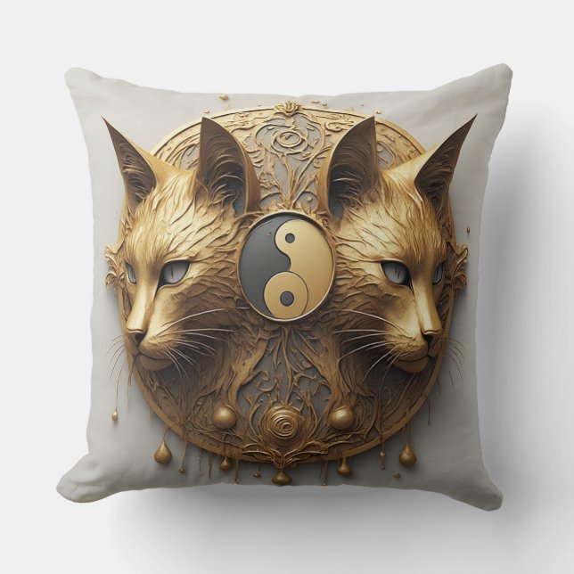 Gouden Tweelingkat Yin Yang Beeldhouwwerk Kussen (Voorkant)