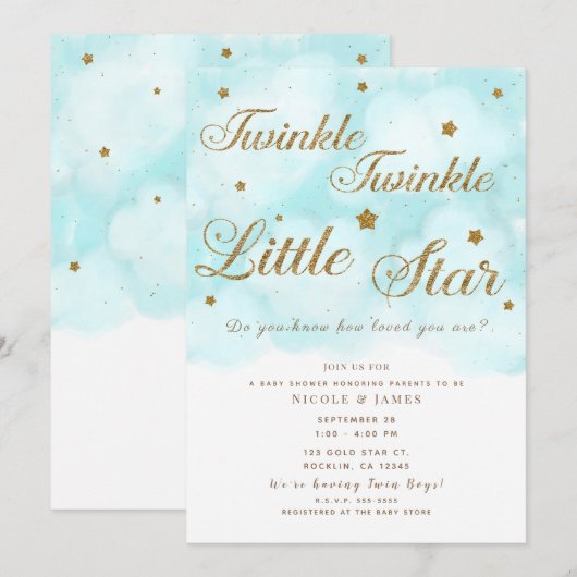 Gouden Twinkelsterren & Blauwe Lucht Wolken Baby S Kaart (Voorkant / Achterkant)