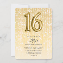 Gouden Twinkle Lights en Folie Ballon 16e Verjaard Kaart
